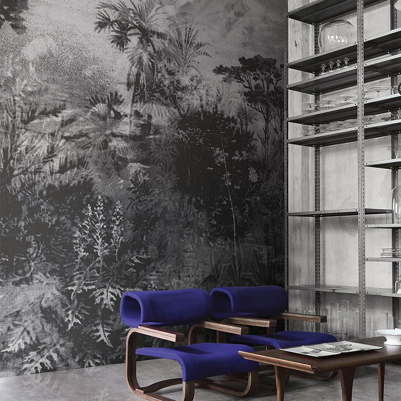 Tropical Plant Park Wallpaper Murals Grey-Black Living Room Wall Decor, Personalised Size