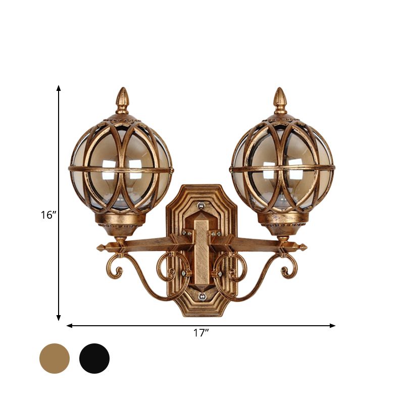 Black/Bronze Spherical Wall Lighting Ideas Country Amber Glass 2-Bulb Patio Surface Wall Sconce with Cage