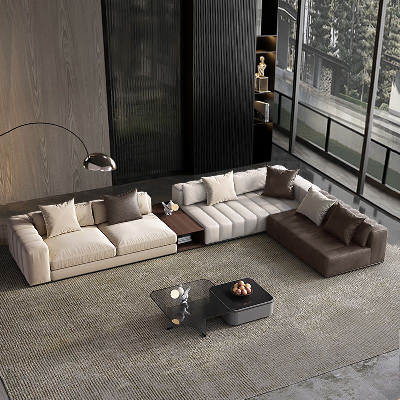 Mid Century Genuine Leather Sectional Sofa 24" H Square Arm Sofa with Storage