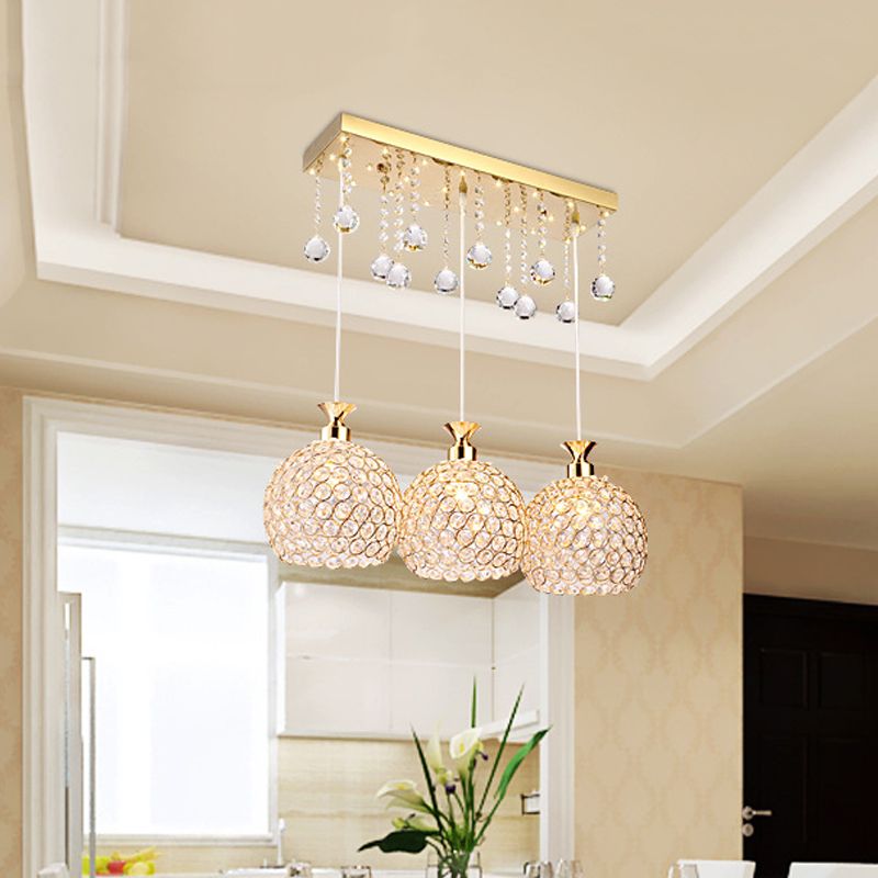 Ball Crystal Encrusted Multi Pendant Contemporary 3 Bulbs Gold Finish Hanging Lighting