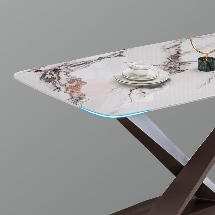 Mesa de rectángulo de lujo tradicional de metal mesa de piedra sinterizada blanca con base de pedestal