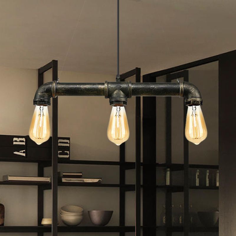 Aged Brass Pipe Ceiling Light Fixture with Open Bulb Antique Style Iron 3 Lights Indoor Island Pendant Light