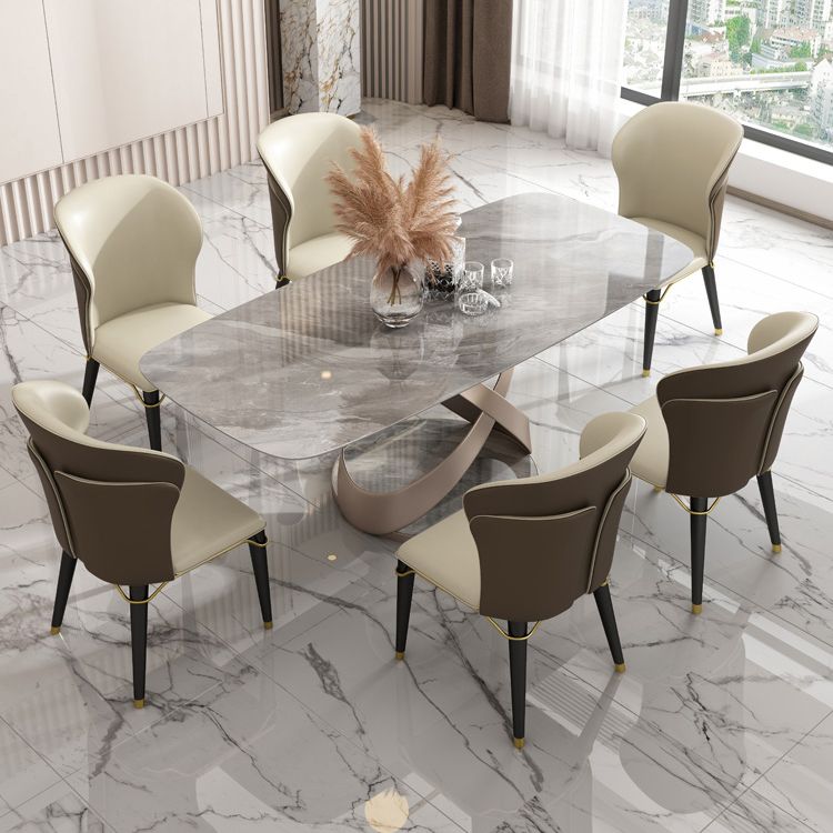 Modern Style Traditional Height Dining Set with Grey Fixed Rectangle Shape Table and Trestle Base