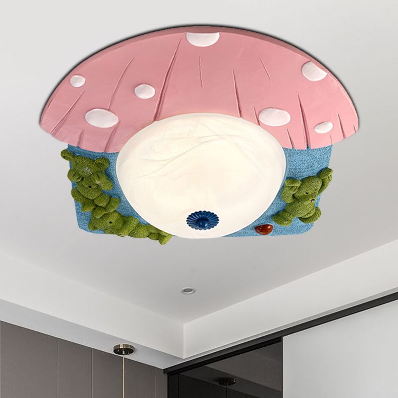 Cartoon Bear Apparecchio Montato a Soffitto Resina LED Kids-Room Illuminazione a Flush in Rosso/Blu con Cupola Bianco Vetro Shade