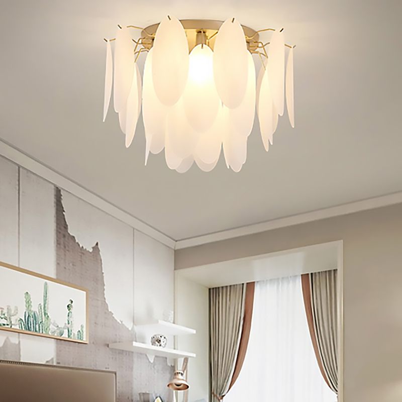 Feather-Shaped Flush Mount Lamp Contemporary White Glass 22.5"/28" Wide 6 Lights Living Room Flush Ceiling Light Fixture