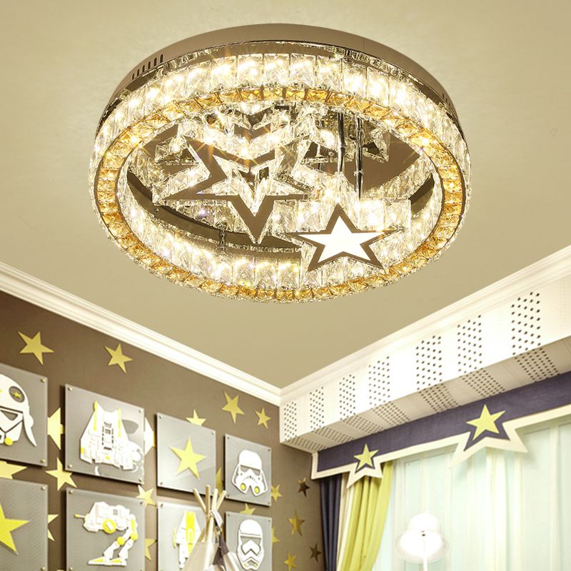 LED Semi Flush Contemporary Round Clear Faceted Crystal Blocks Ceiling Lamp in Stainless-Steel with Star Design