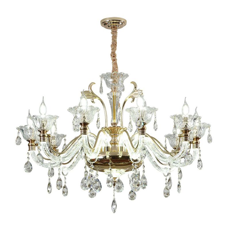 Clear Glass Floral Chandelier Transitional Dining Room Ceiling Light Fixture with K9 Crystals
