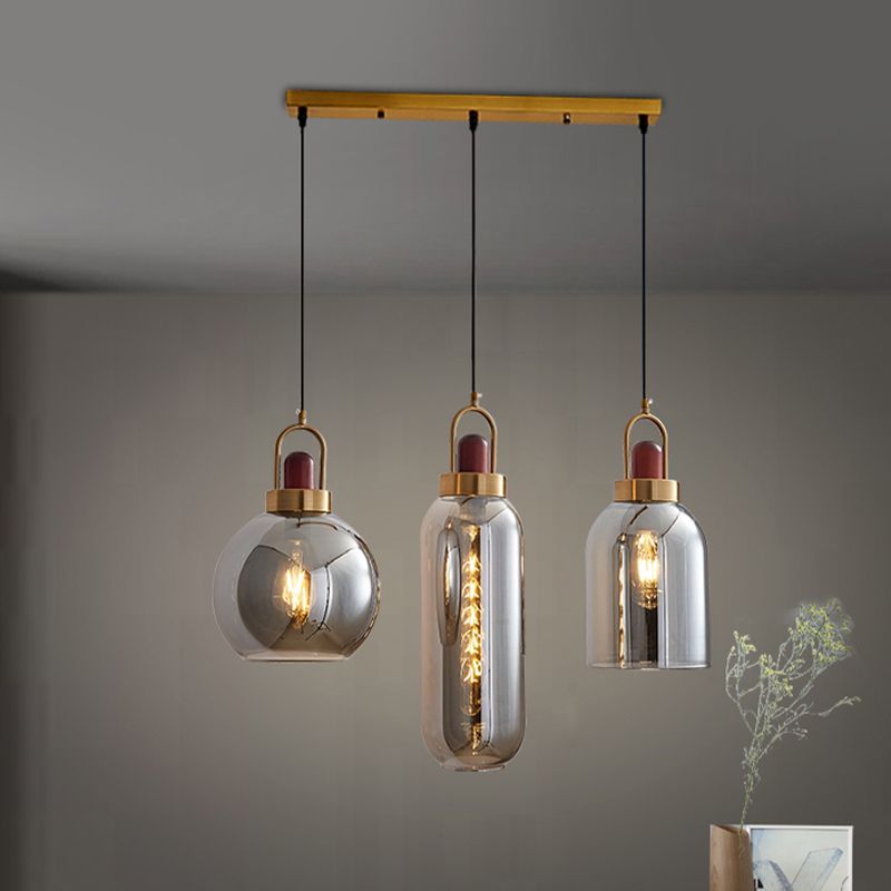 Grey Grey Glass Geometric Cluster Pendant Light Light Minimaliste Kit de lampe suspendue marron à 3 tête pour salle à manger
