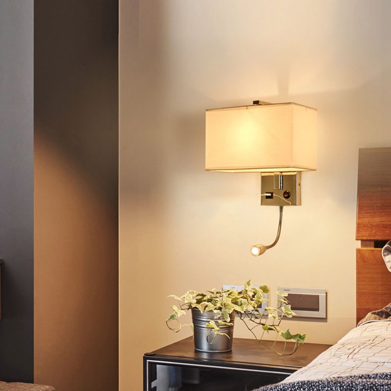Adjustable Modern Metal Wall Sconce Rectangle Wall Light with Fabric Shade for Bedroom