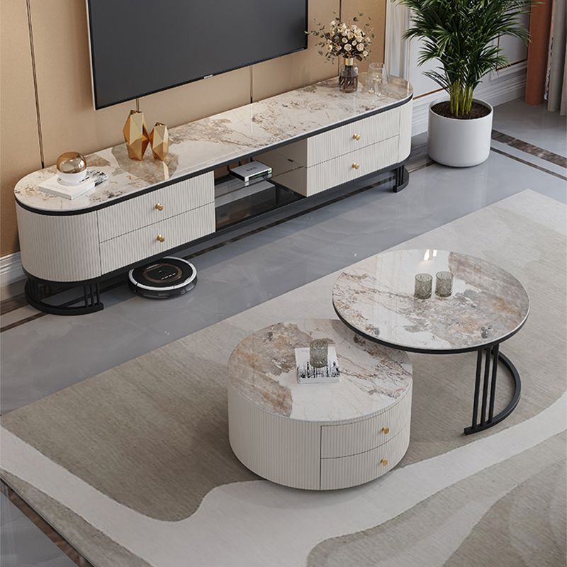 Frame Coffee Cocktail Table with Storage Drawers Round Slate Top