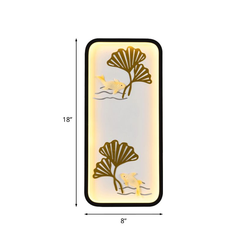 Éclairage mural à chambre à coucher LED Style chinois Black Ginkgo Mur à motifs mural mural avec une teinte en métal rectangulaire