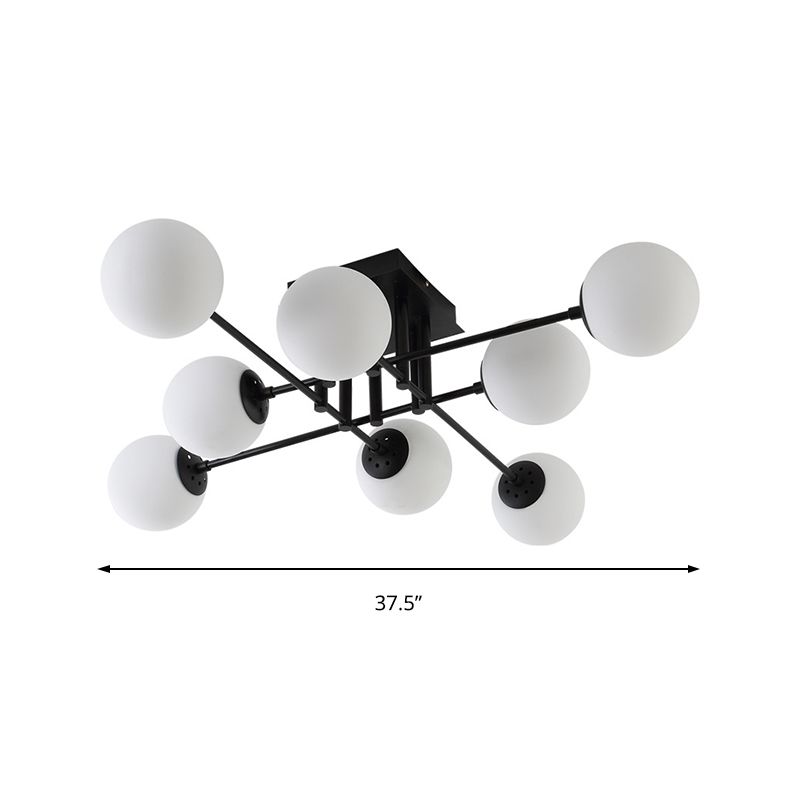 Metal Crossed Lines Semi Flush Ceiling Lighting Nordic 3/8/12 Heads Black Ceiling Flush Mount with Ball Glass Shade for Living Room