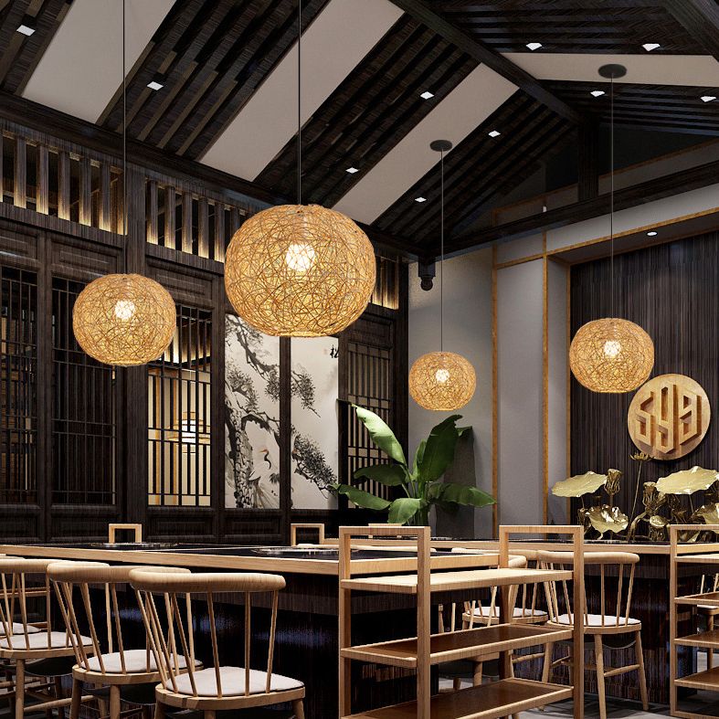Restaurant Pendant Light Kit Asia Style Beige Hanging Ceiling Light with Globe Rattan Shade