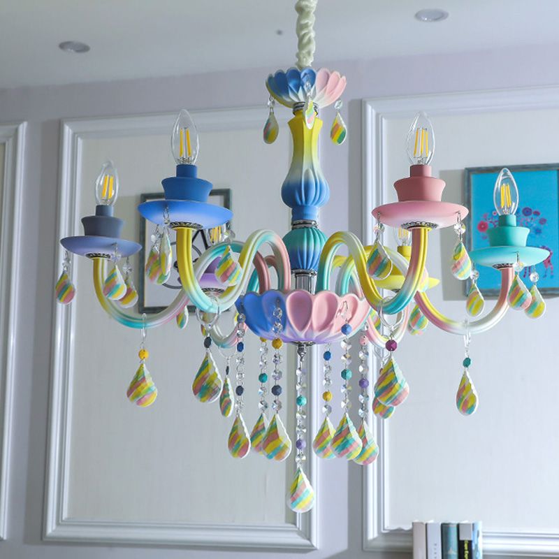 Curvy Arm Pendant Chandelier Kids Crystal 6 Heads Blue Hanging Light Kit with Candle Design