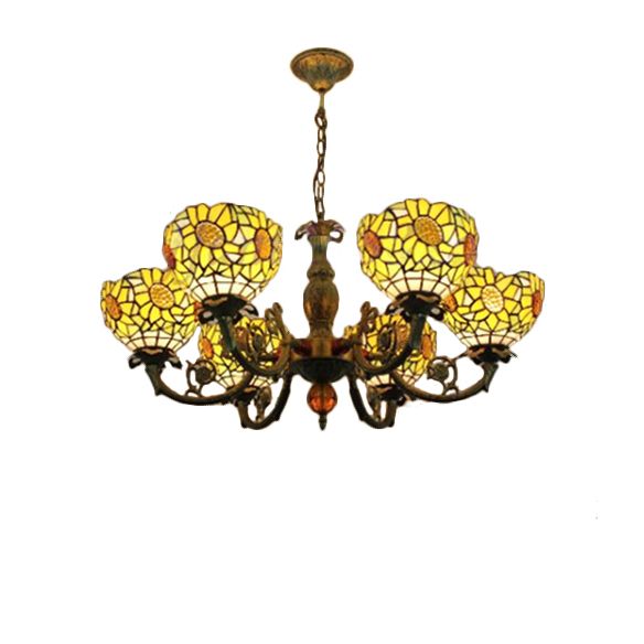 6 Lights Sunflower Hanging Light Tiffany Style Stained Glass Chandelier Lighting for Bedroom
