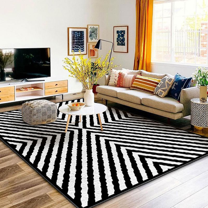 Black and White Lines Rug Living Room Carpet Polyester Washable Area Rug