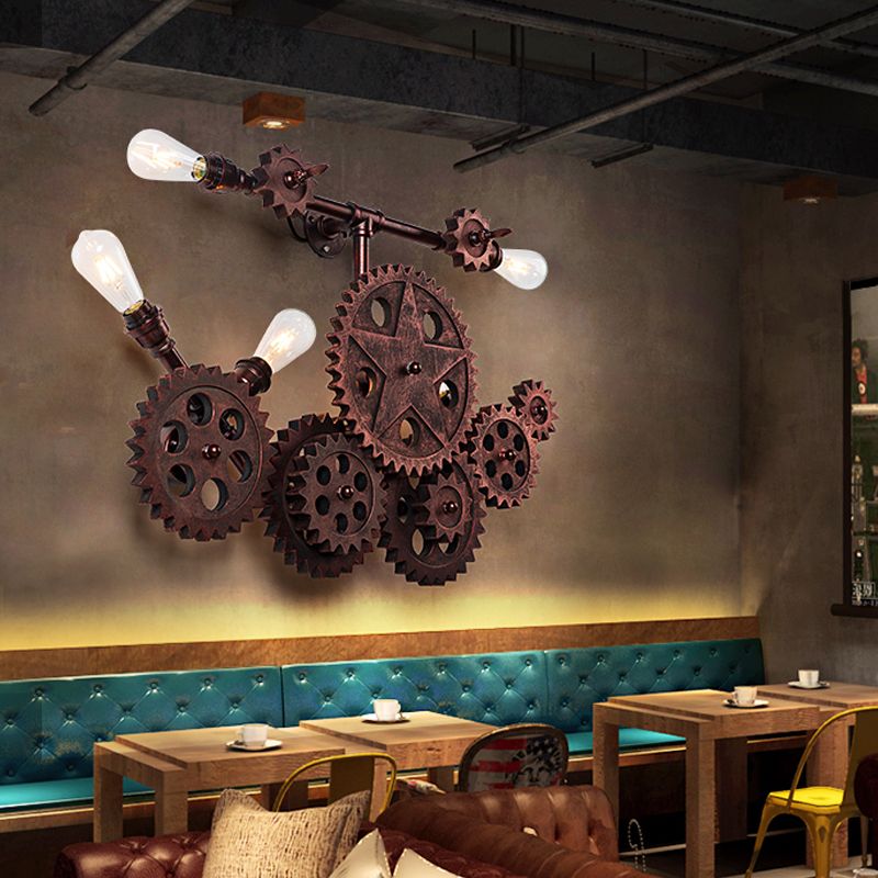 Vintage Gear Wall Light Leuchten 5 Lichter Metallische Wandmontage Beleuchtung in Rost für Wohnzimmer