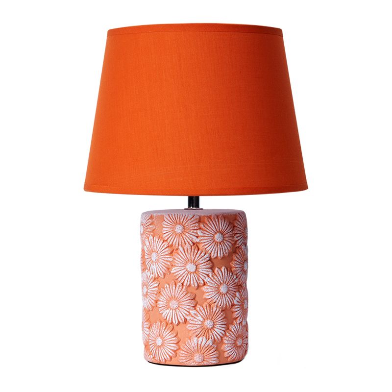 Orange Tapered Drum Table Light Rustic Fabric 1 Head Bedside Night Lamp with Carved Sunflower Base