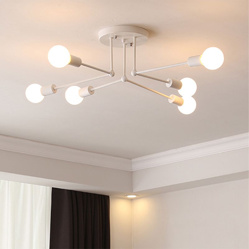 White Finish 6/8 Lights Semi Flush Light Loft Style Metallic Sputnik Ceiling Lighting for Living Room