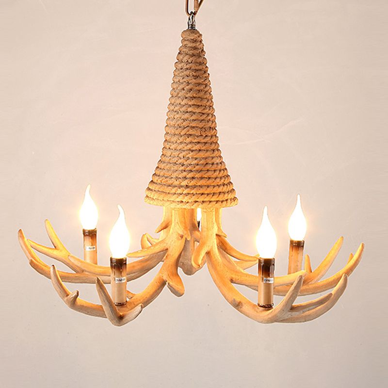 Beige Elk Shaped Chandelier Lamp Traditional Metal and Rope 3/5 Lights Living Room Hanging Light