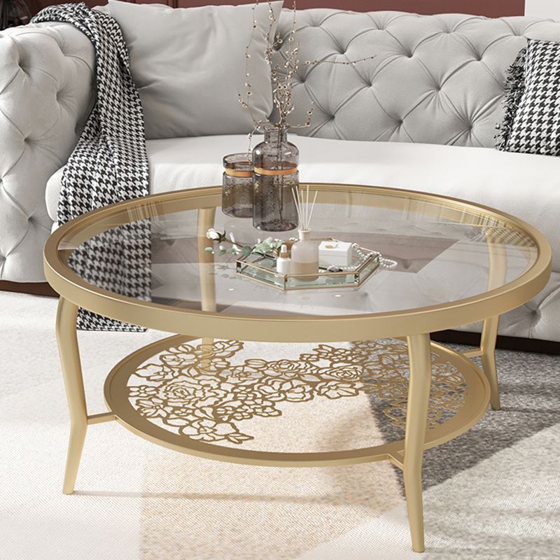 23.6"/17.7"H Modern 4 Legs Steel Base Glass Round Coffee Table with Shelf