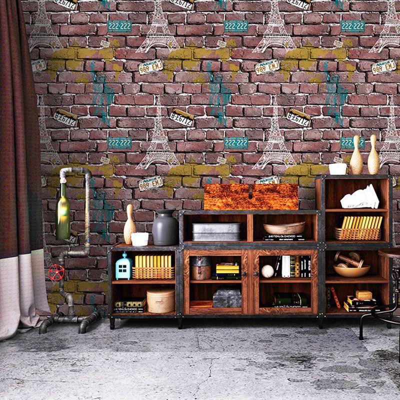 Coffee Shop Wallpaper Vintage Pastel Color Brick and Car Plate Wall Decor, Non-Pasted