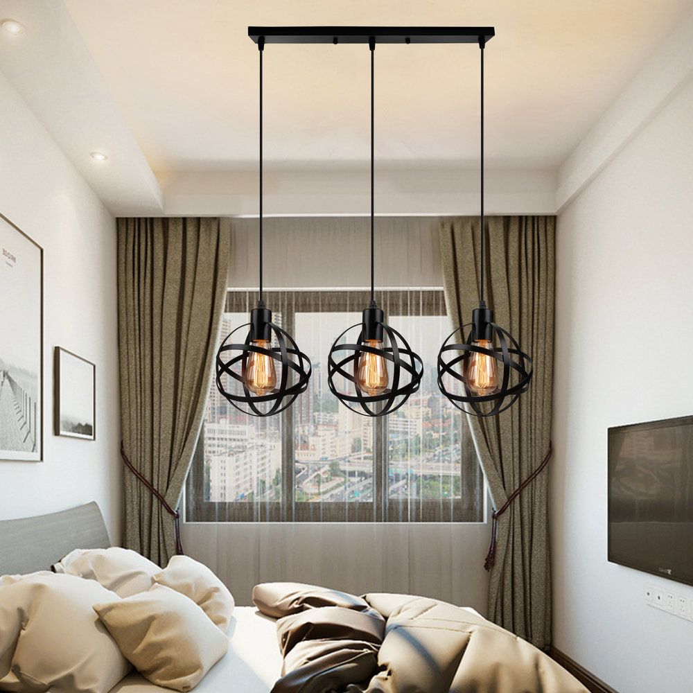 3 Lights Spherical Pendant Light Fixture Industrial Black Metal Hanging Light with Wire Guard for Dining Room