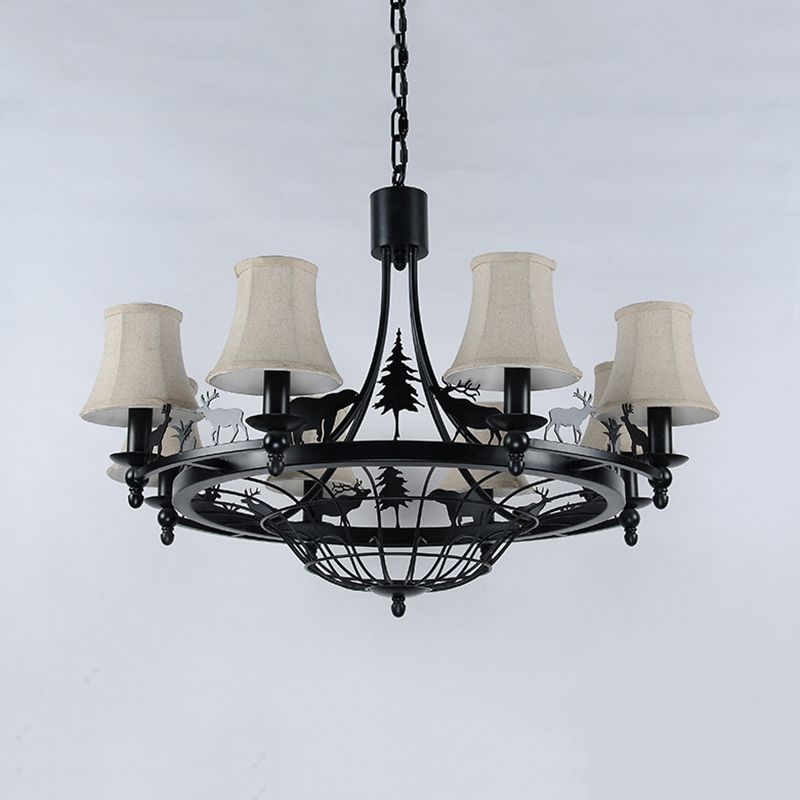 Metal Black Hanging Chandelier Bell 8 Bulb Luz de suspensión tradicional con sombra de tela de cono