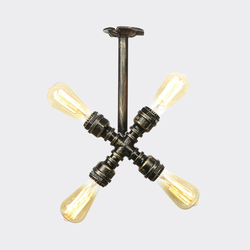 Industrial Bare Bulb Semi Flush Mount 3/4-Light Iron Flush Ceiling Lighting in Bronze