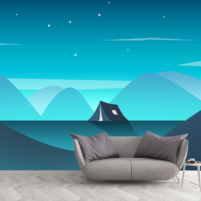 Large Tent in Mountain Mural for Bedroom Night Bright Stars Wall Decor in Aqua, Waterproof
