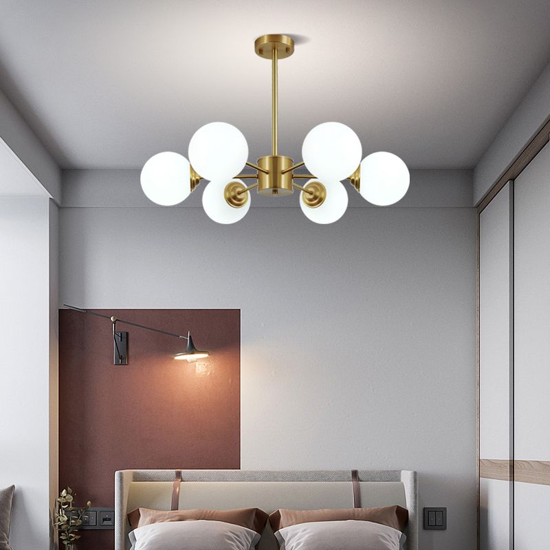 Gold Chandelier Lighting Fixtures Designer Style Multi-Head Suspension Light with White Glass Shade