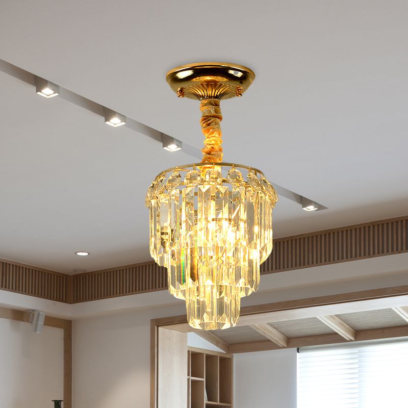 3-Layer Tapered Foyer Flush Mount Light Modernism Crystal Single Gold Semi Mount Lighting
