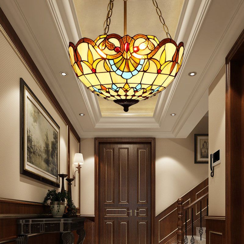 Bowl Shade Suspension Lighting Stained Art Glass Tiffany-Style Pendant Ceiling Light