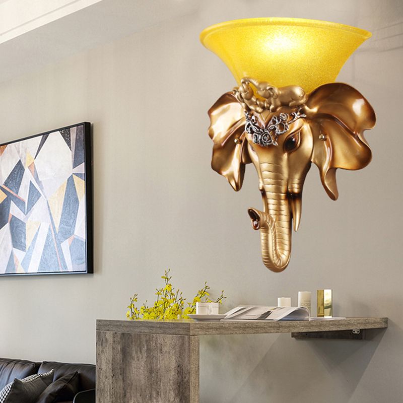 Flared Living Room Wall Mount Light Antique Glass 1 Light Gold Sconce Light with Resin Elephant Base