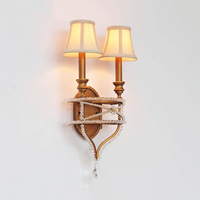 2 Lights Empire Shade Wall Light Vintage Gold/Silver Fabric Sconce Light with Crystal Accent