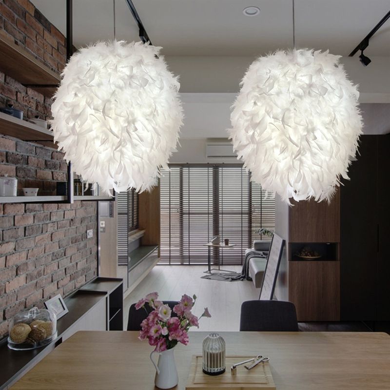 1-Light Dining Room Pendant Lighting Simplicity White Hanging Light with Ellipse Feather Shade