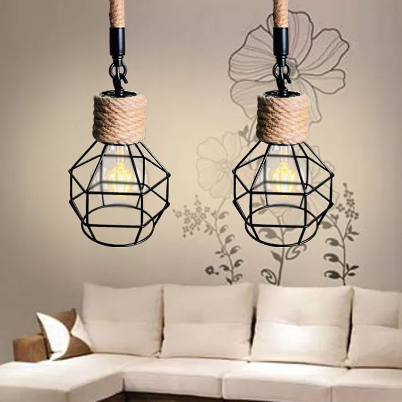Single Wire Cage Adjustable Drop Pendant Rustic Black-Brown Iron Ceiling Hang Light with Rope Accent