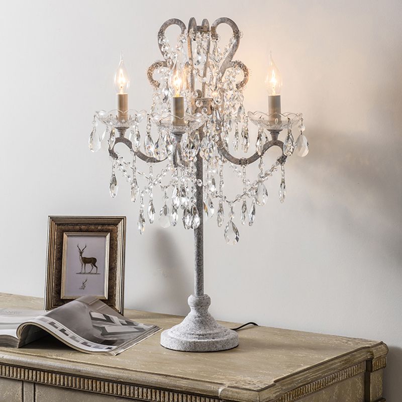 Antique Candle Nightstand Lamp 4 Heads Metallic Table Lighting with Crystal Bead Decor