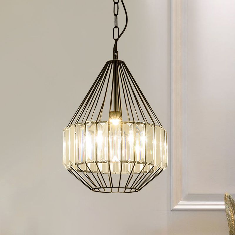 Black Teardrop-Like Pendulum Light Minimalism 1 Bulb Clear Crystal Rectangle Suspension Lamp