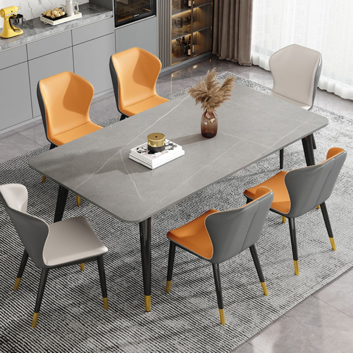 Luxury Rectangular Stone Top Dining Table with 4 Gold & Black Steel Legs