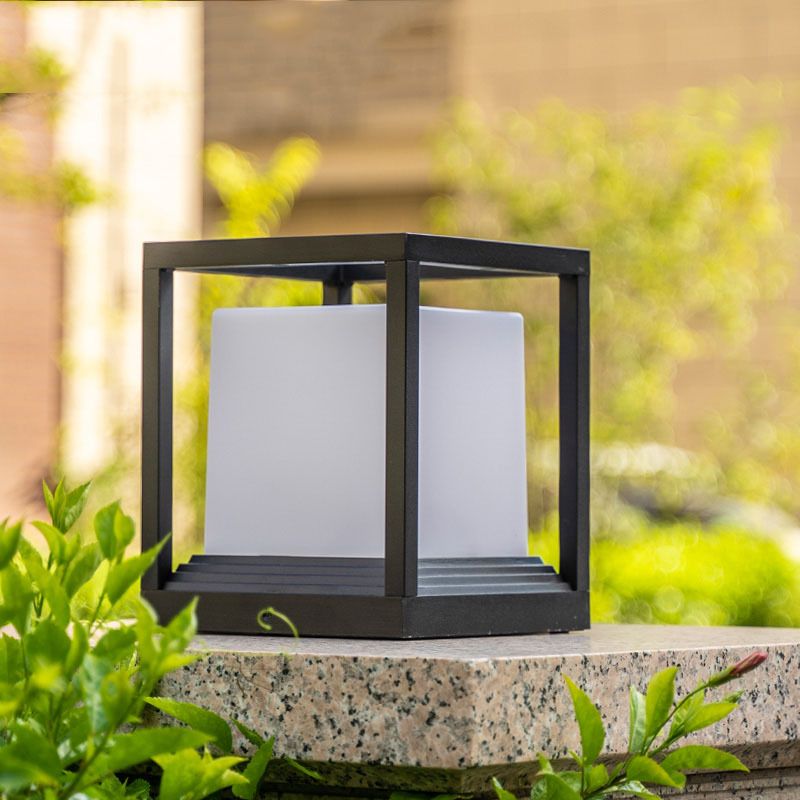 Rectangle Shape Metal Waterproof Pillar Lamp Modern Style 1 Light Outdoor Light in Black