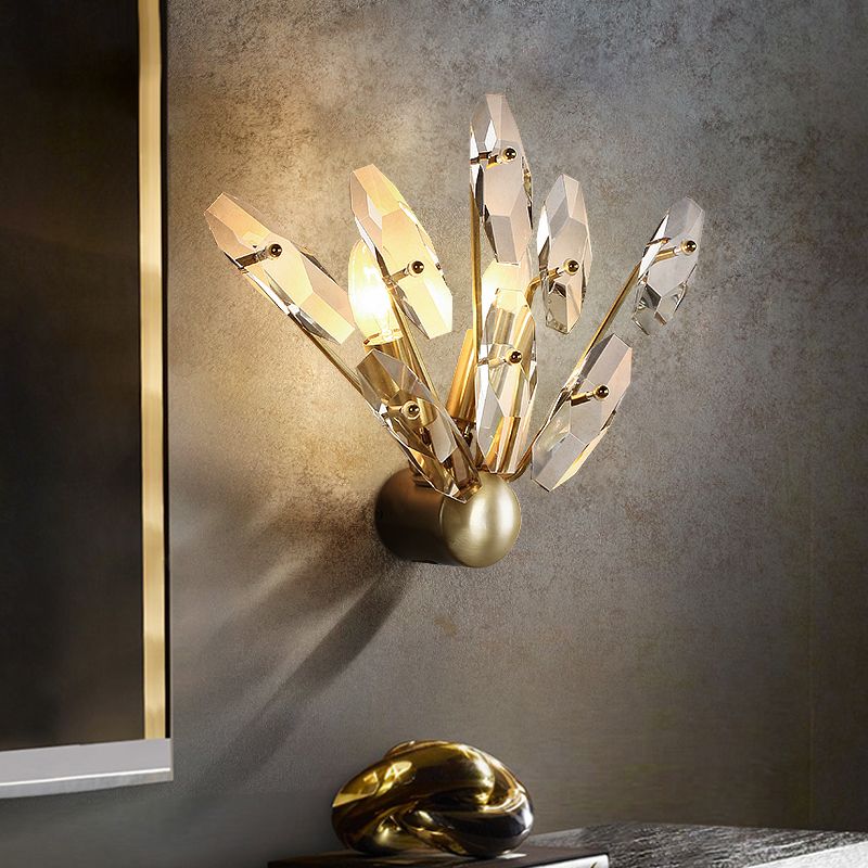 2 ampoules Sputnik Mur Light Sconce Contemporary Metal Applexe éclairage avec un prisme de cristal clair en finition en laiton