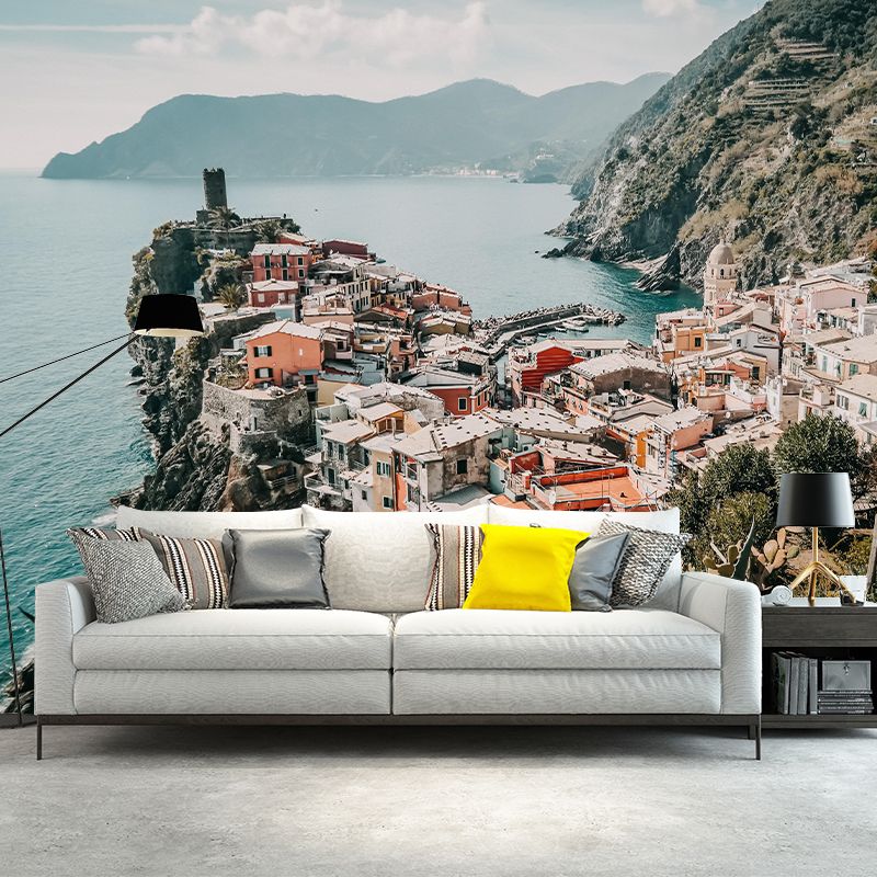 Extra Large Photography Mural with City and Sea Wallpaper Landscape for Bathroom