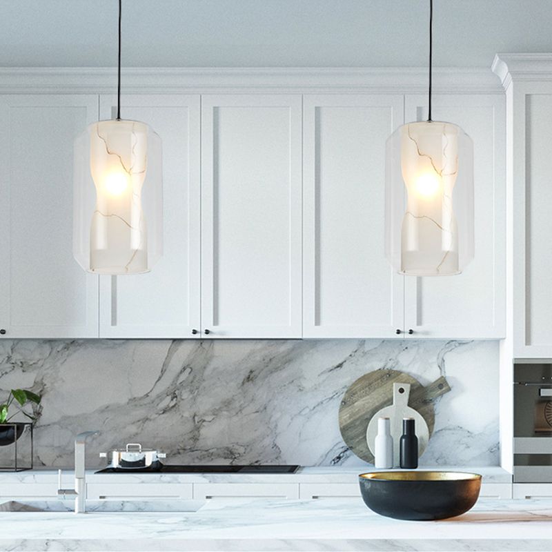 Clear Glass Lantern Pendant Light Simple 8"/10" Wide 1 Head Hanging Lamp Kit with Inner Cylinder White Marble Shade in White Ligth