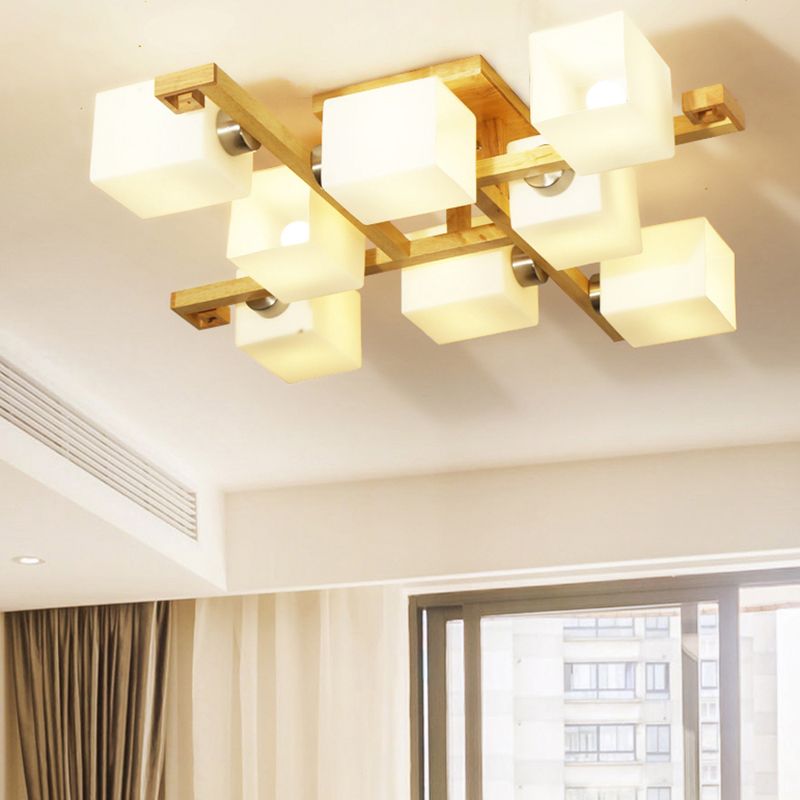 Cube Shade Living Room Ceiling Lamp Opal Glass & Wood Modern LED Flush Ceiling Light in Beige