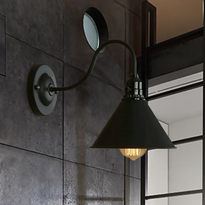 Kegelschlafzimmerwandbeleuchtung mit Schwanenhals Arm Bauernhaus Metall 1 hellschwarz/weiße Wandleuchte Lampe