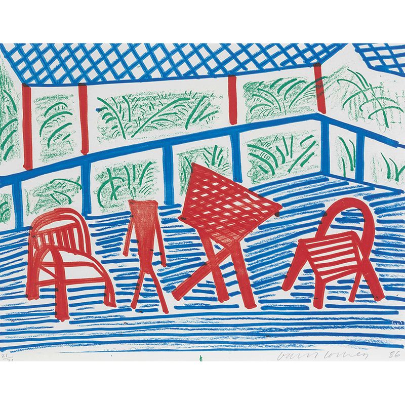 Modern Courtyard Dinette Wall Mural Red-Blue-Green Washable Wall Art for Living Room