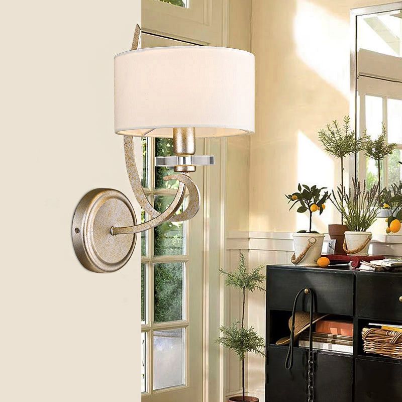 White Drum Wall Mounted Light Traditional Metal 1-Light Bedroom Wall Sconce with Fabric Shade