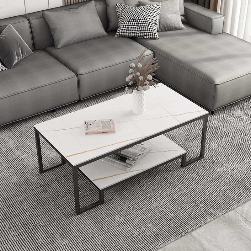 Contemporary Cocktail Table with Stone Top and Iron Base and Shelf