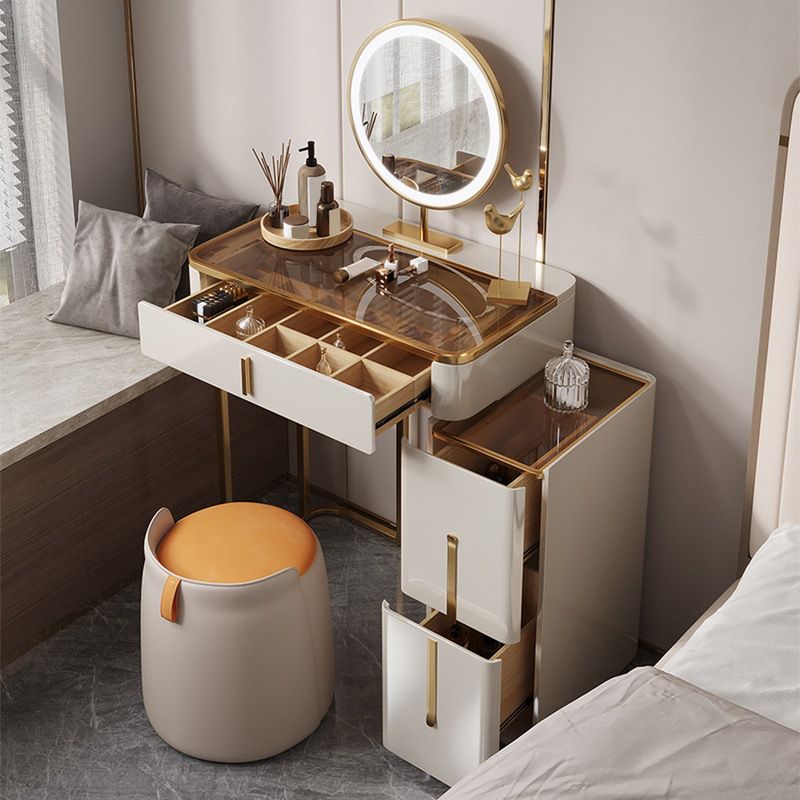 Luxurious Glass Vanity Table with Mirror & Stool 3 Drawers Beige Dressing Table